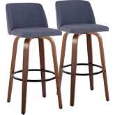 Toriano 30" Swivel Bar Stool in Walnut Wood & Blue Fabric with Black Footrest (Set of 2)